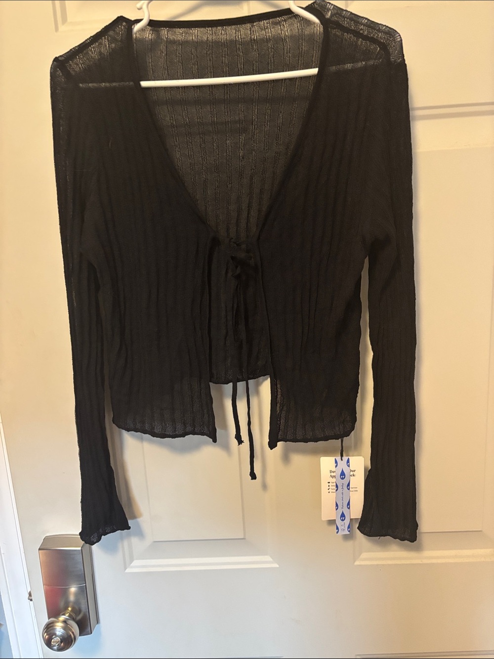 Cider Black Sheer Ribbed Tie-Front Cardigan